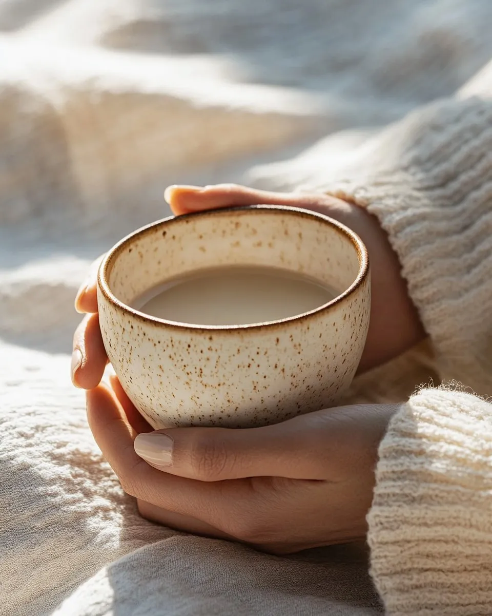 Hands in a cream knit sweater cradling a speckled ceramic bowl of warm milk in soft window light.