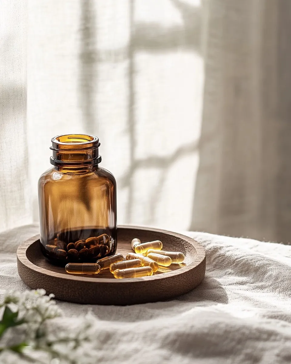 An amber glass apothecary bottle on a wooden tray with scattered amber and gold capsules, soft window light through linen curtains.
