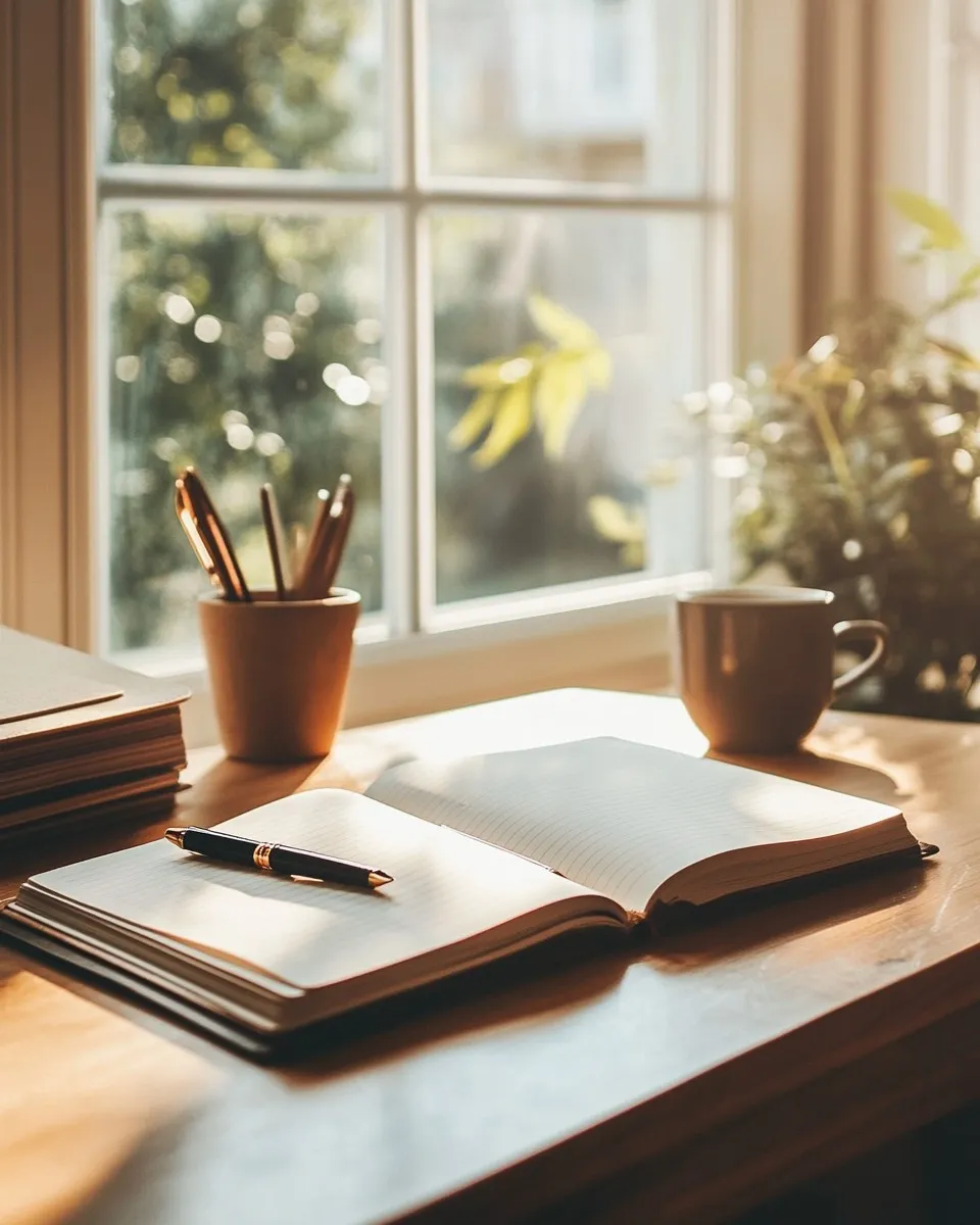 An open notebook with a pen on a wooden desk by a sunlit window, beside a ceramic mug and a small jar of pencils.