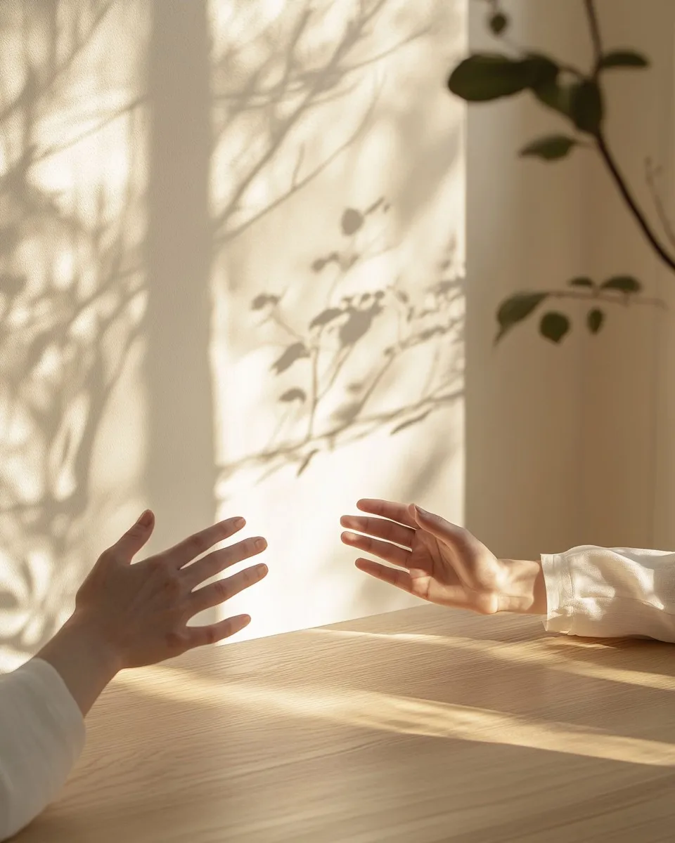 Two hands reaching toward each other across a sunlit wooden table, soft shadows of leaves on the wall behind.