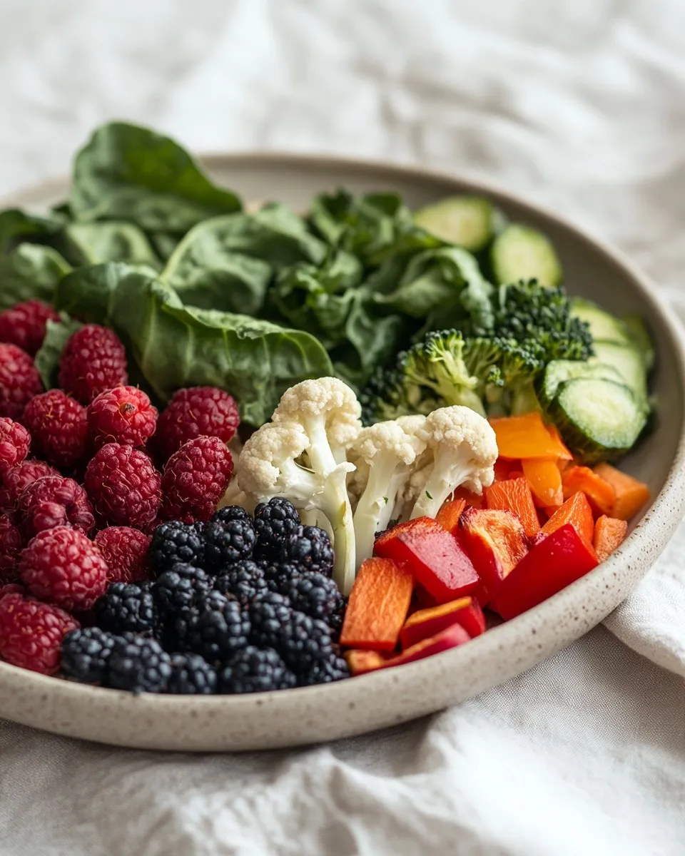 A ceramic bowl of fresh berries, leafy greens, broccoli, cauliflower, and roasted peppers on a soft white linen cloth.