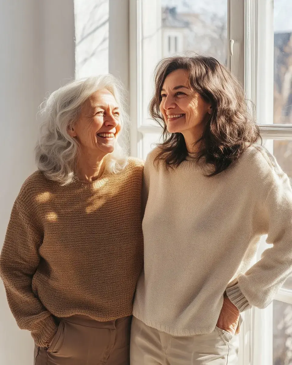 Two women of different generations smiling together by a sunlit window — warm, connected, present.