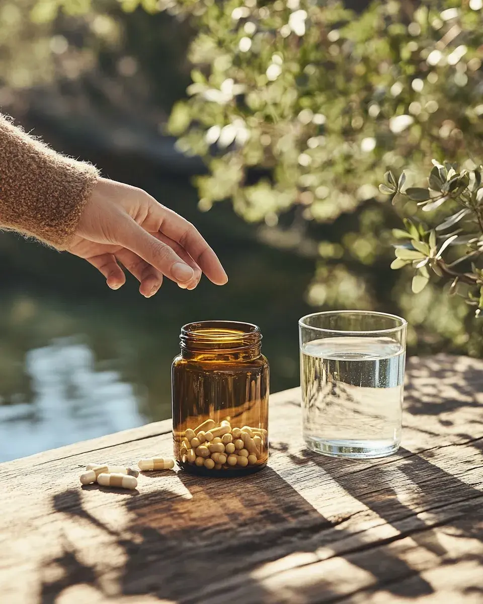 An amber glass jar of capsules and a clear water glass on a sunlit wooden table by a quiet pond.