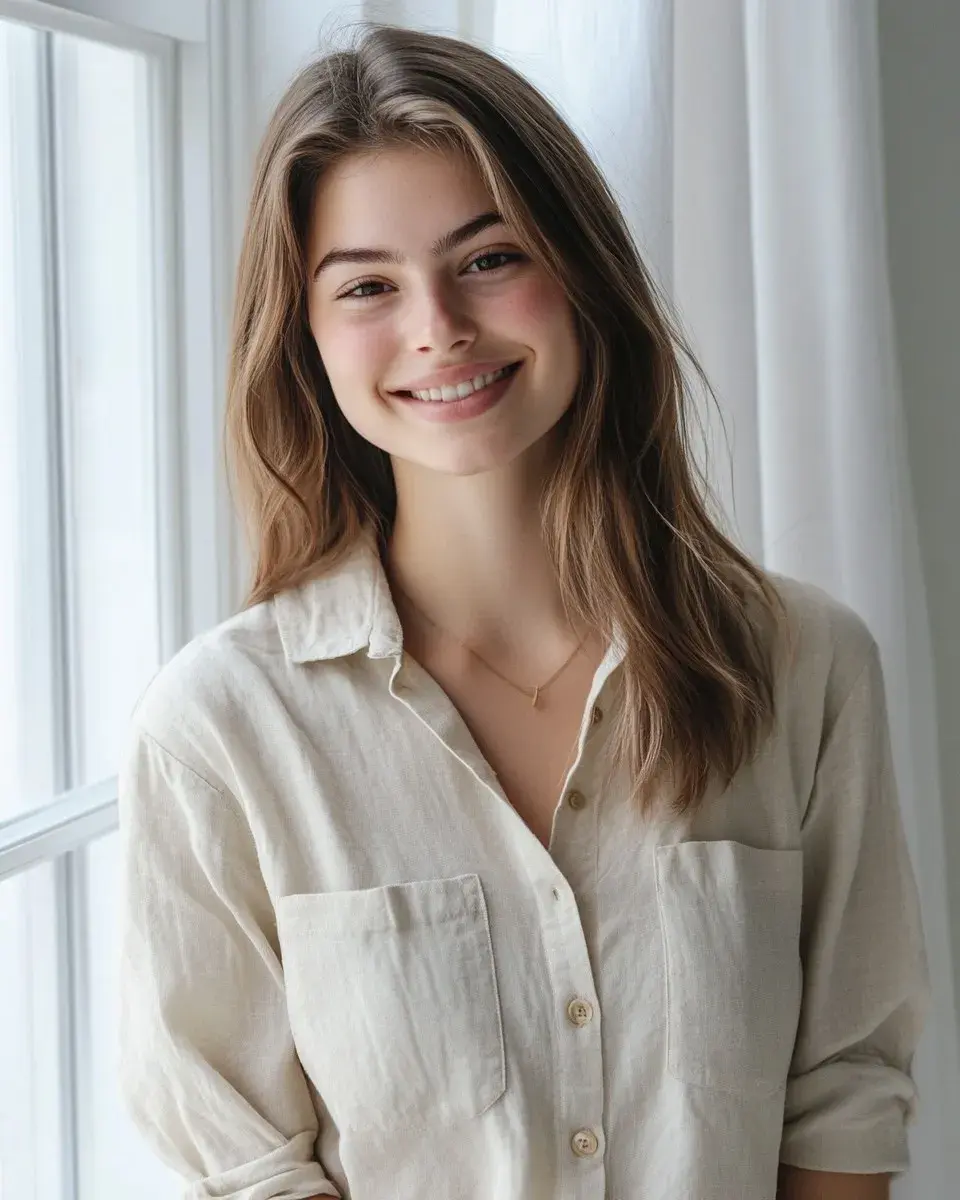 Young adult with long brown hair in a linen shirt, smiling warmly in soft window light.