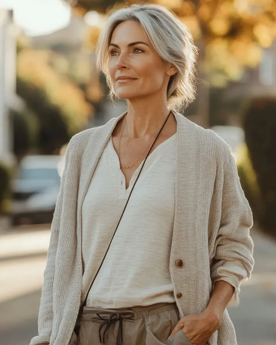 Woman in her 50s with short silver hair and a linen cardigan, walking outdoors in warm afternoon light.