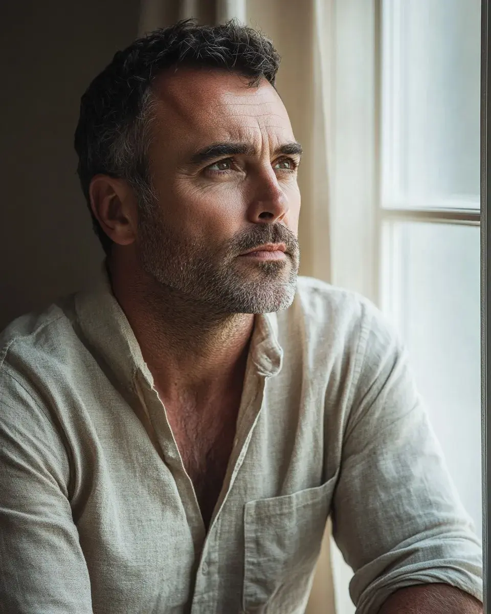 Editorial portrait of a man in his 40s with greying stubble in a linen henley, looking out a window in natural light.