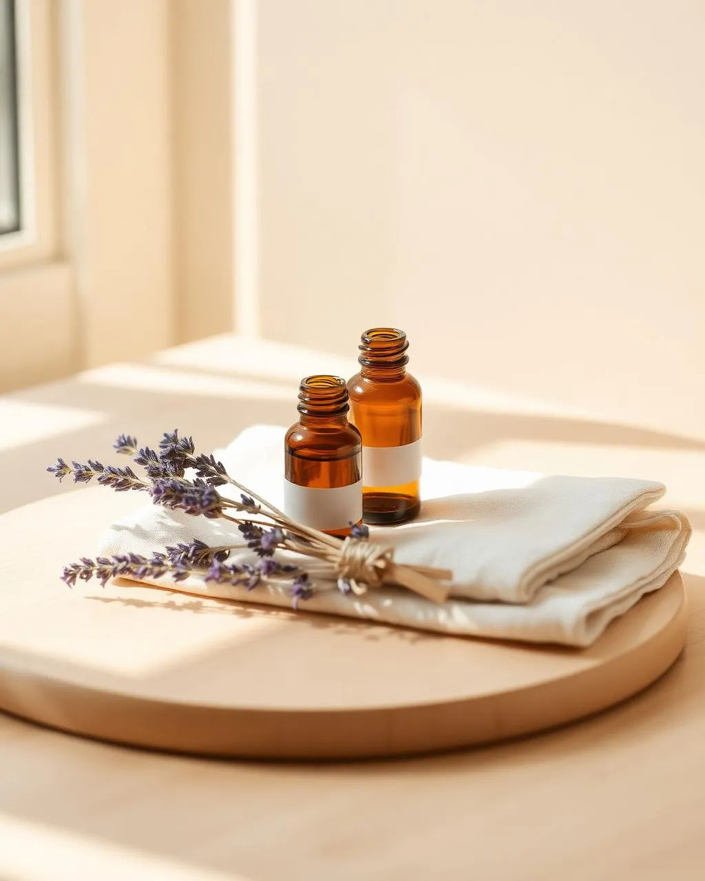 Two amber glass apothecary bottles with a sprig of dried lavender on cream linen in soft morning window light.