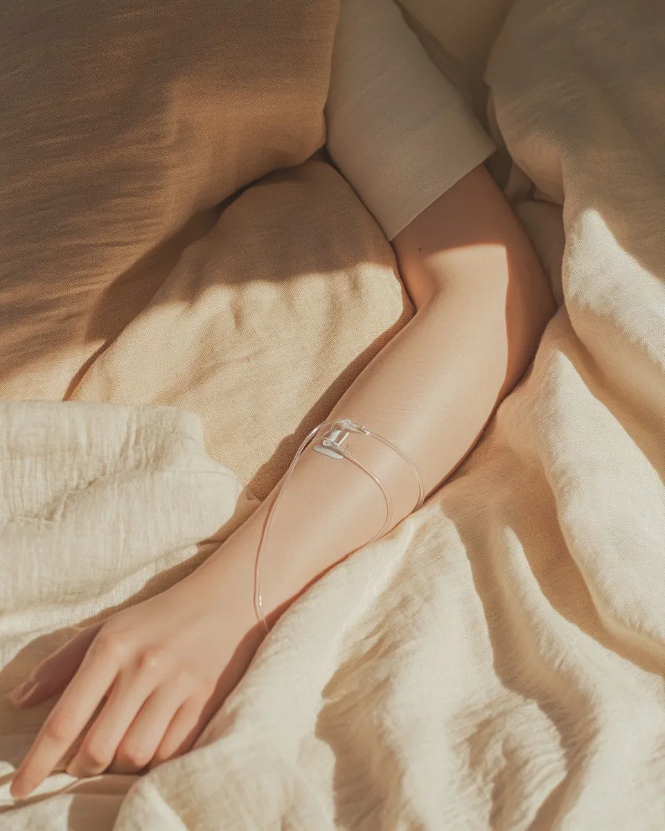 An arm resting on warm linen sheets in golden afternoon light, an IV line gently taped in place during a calm session.