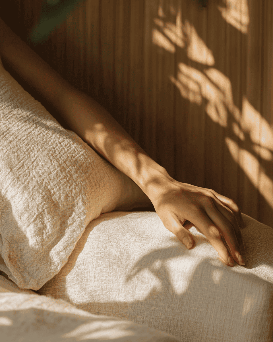 A resting hand on linen cushions in soft afternoon light — the quiet of an in-clinic ketamine session.