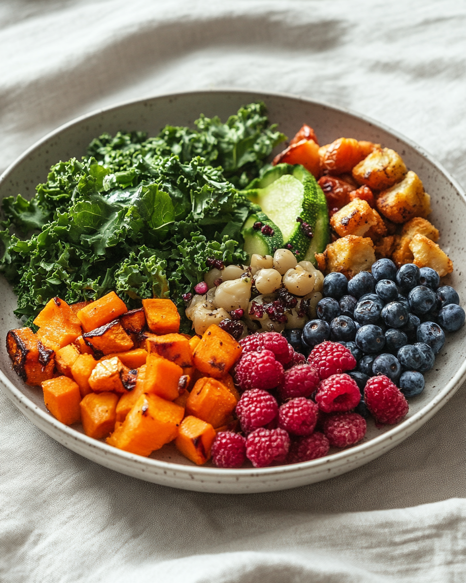 Overhead view of a ceramic bowl filled with kale, roasted sweet potato, cucumber, cauliflower, raspberries, and blueberries on cream linen.