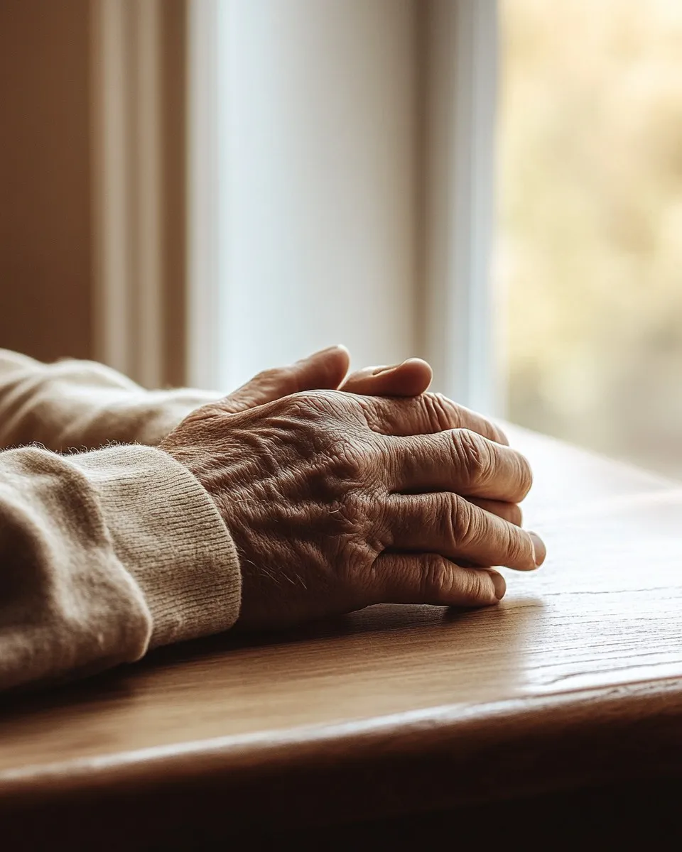 An older man's clasped hands resting on a wooden table by a softly lit window, conveying calm reflection.