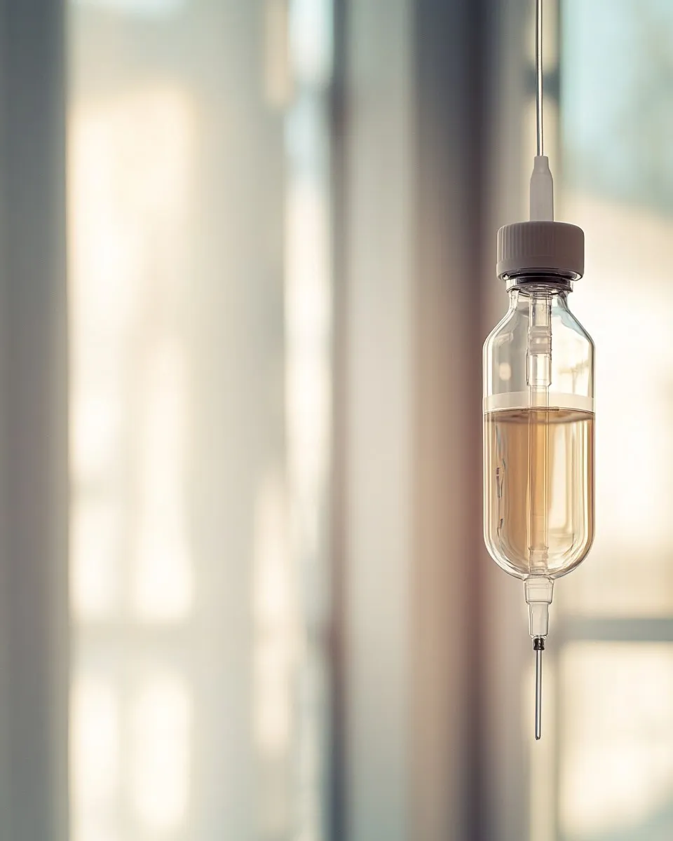 An IV drip bottle suspended in front of soft, daylit window blinds — clinical legitimacy, calm setting.