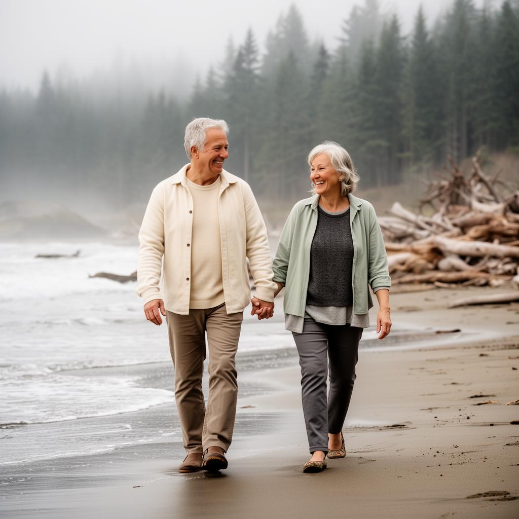 An older couple walking together on a misty Pacific Northwest beach, looking healthy and at ease.