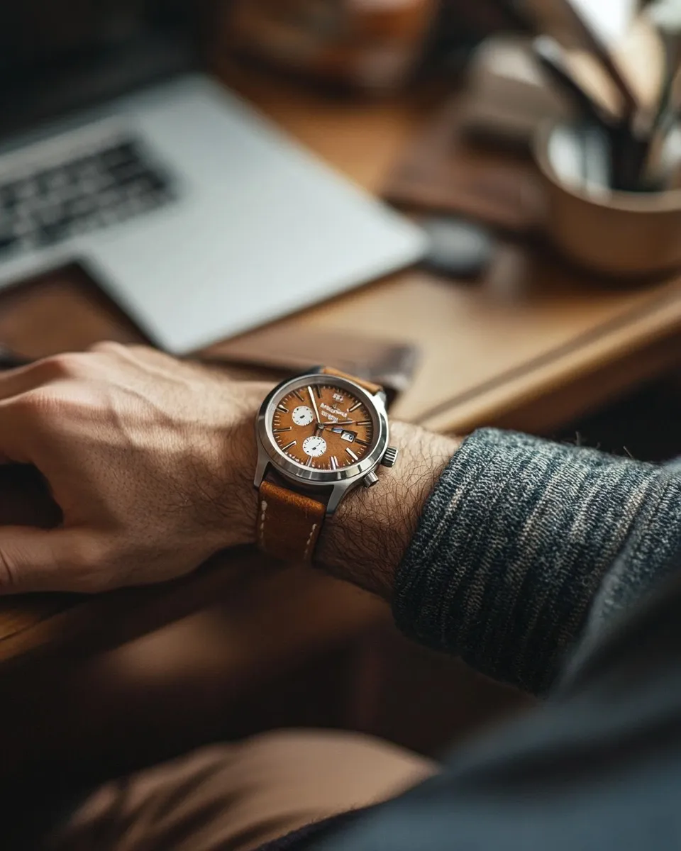 Close-up of a man's wrist wearing a leather-strap watch on a warmly lit wooden desk.