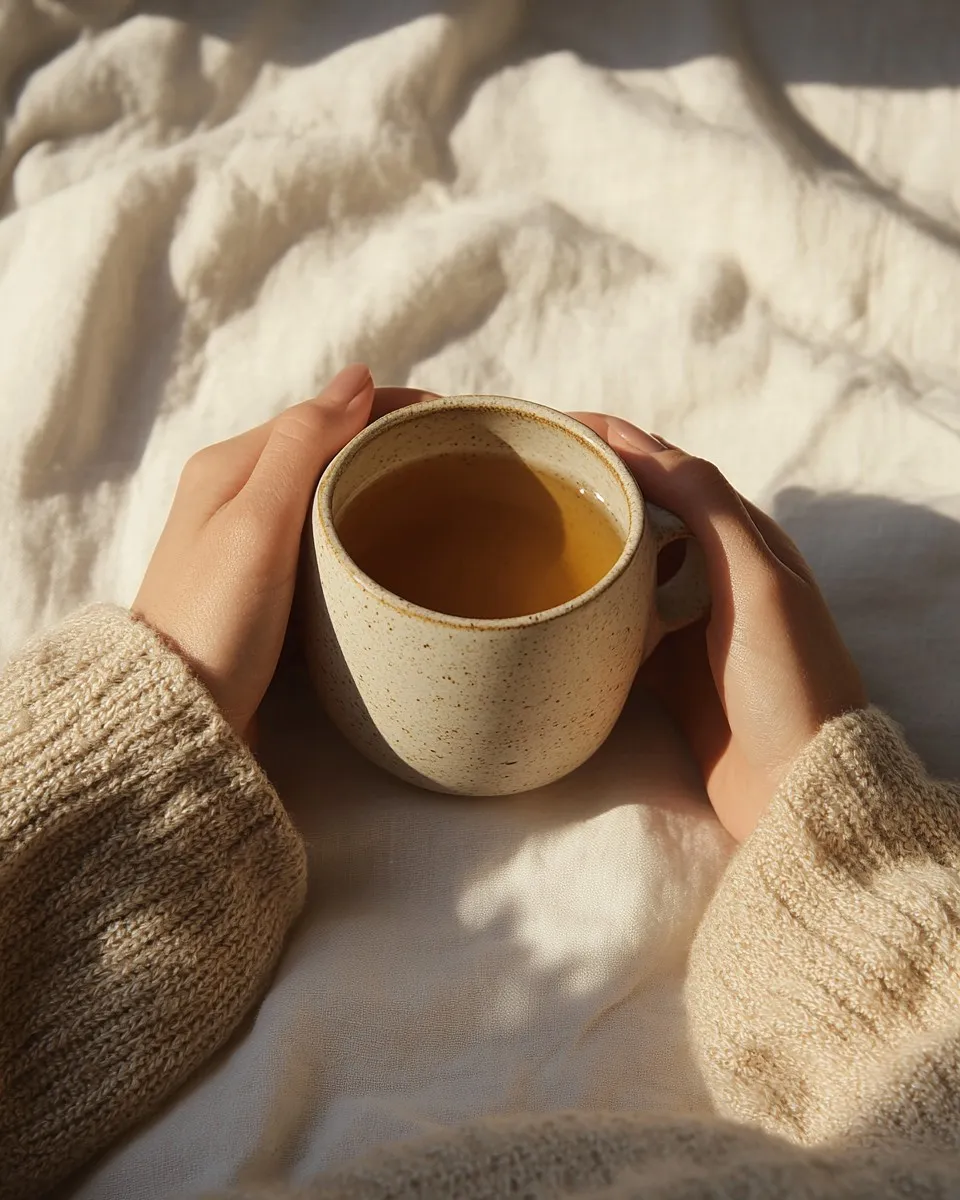 Hands in a soft cream sweater cradling a speckled ceramic mug of warm tea on a linen blanket in morning light.